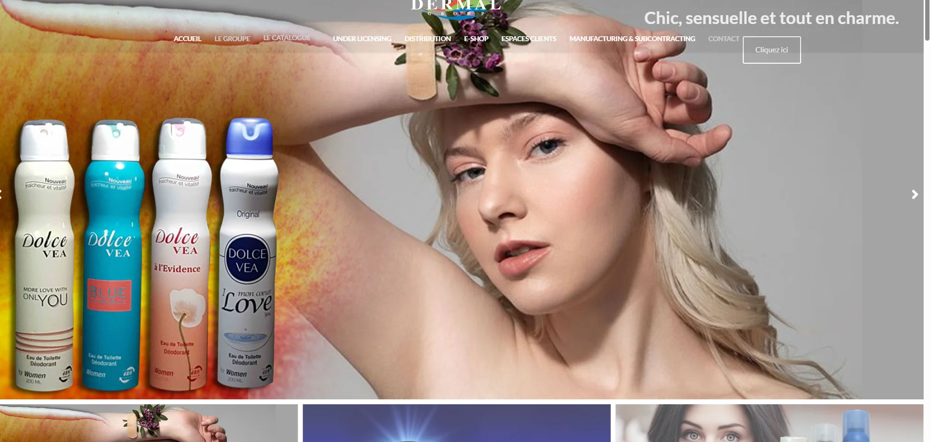 Five bottles of Dolce Vea deodorant in various scents; colorful packaging against a skin-toned background.